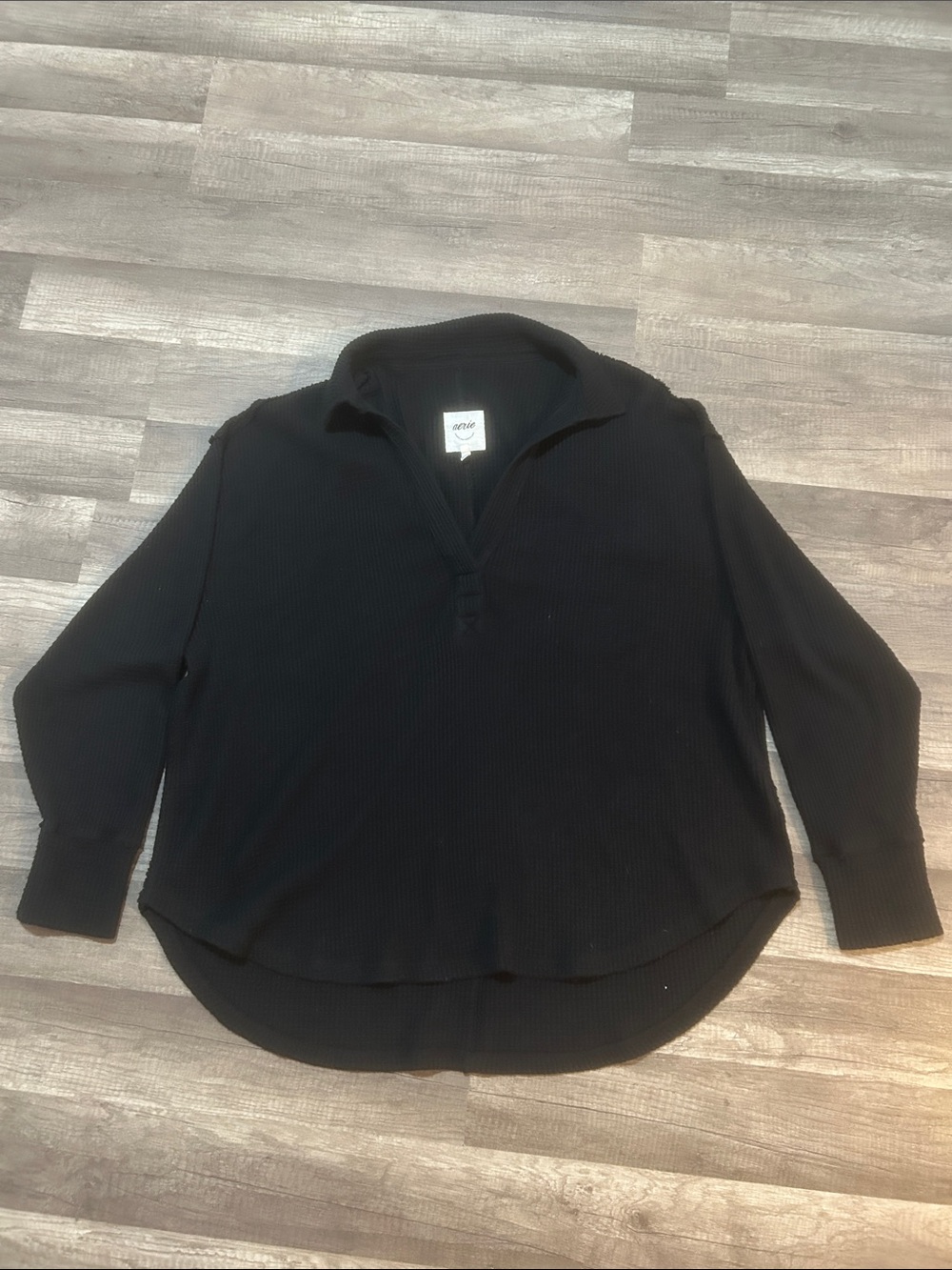 aerie Offline Women’s Black Waffle Knit Collared Long Sleeve Top Size Large